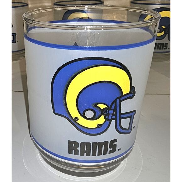 Vintage LA Los Angeles Rams 1980s Frosted Glass Tumbler 4" Set of 6 Mobil Gas - Picture 2 of 5